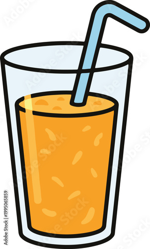Glass of pulp orange juice with a blue straw, vibrant cartoon style vector illustration
