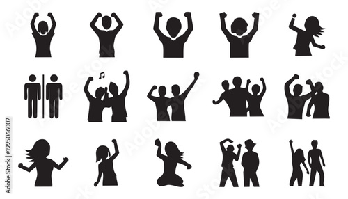 Vector set of black business person silhouettes and family stick figure icons including a sport woman and baby pictogram illustration for a job group work concept