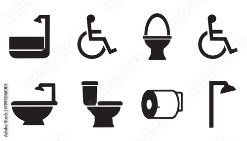 A set of black WC bathroom toilet icons and symbols featuring vector illustrations for home and business web design