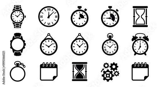 Diverse set of black time icons including a wristwatch, wall clock, stopwatch, hourglass, pocket watch, calendar, and gears in a minimalist flat vector design