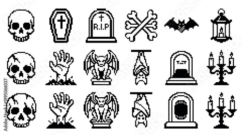 Set of black and white pixel art Halloween icons featuring spooky skulls, coffins, tombstones, bats, and a zombie hand in a retro 8-bit video game style