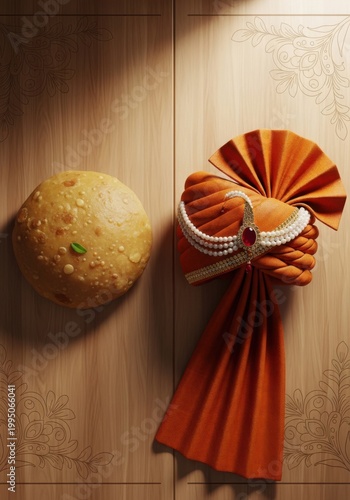 Ornate Indian Wedding Turban (Pagdi) with Traditional Golden Puri Bread on Wooden Background, Cultural Still Life