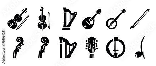 Set of black string instrument icons including a violin, harp, banjo, and mandolin in a minimalist graphic style for musical design and creative concepts