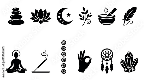 Set of black spiritual silhouette icons for meditation and yoga including a lotus, chakras, zen stones, dreamcatcher, and crystals for wellness and mindfulness concepts