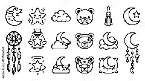 Set of black and white pixel art icons for sleep and dreams, featuring a cute teddy bear, moon, stars, and dreamcatcher in a retro 8-bit video game style illustration