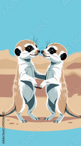 Cute pair of meerkats decorative illustration on turquoise background. Stylized animal artwork with playful symmetrical composition. Two charming meerkats stand side by side.