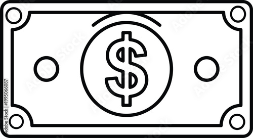 Dollar banknote outline with currency symbol, minimalist line art vector illustration