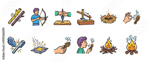 Collection of hand-drawn survival icons showing primitive fire-making techniques like the bow drill, flint and steel, and friction methods in a colorful doodle instruction set