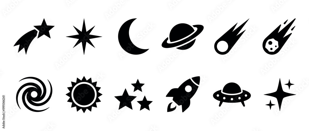 Fototapeta premium Set of black space icons featuring a rocket, planet, star, moon, sun, ufo, galaxy, comet, and meteor in a simple minimalist glyph style for astronomy and science concepts