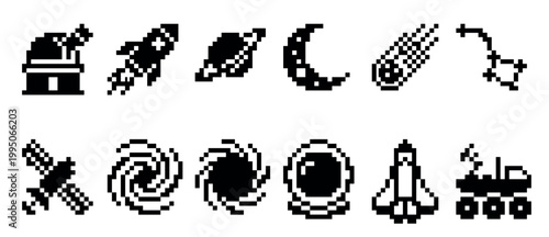 Twelve black pixel art space icons featuring a rocket, planet, astronaut, and galaxy in a minimalist retro 8-bit video game style for a user interface design