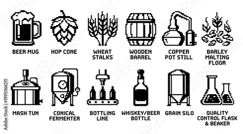 Black and white pixel art icon set showing beer brewing and whiskey distilling process elements like hops, barley, fermenter, and barrel in a retro 8-bit video game style
