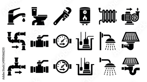 Plumbing and water system black glyph icons showing a faucet, toilet, wrench, boiler, radiator, pump, pipes, valve, gauge, and shower for sanitary engineering concepts