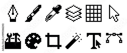 Set of black pixel art graphic design icons representing various software tools like the pen, brush, cursor, and layers in a retro 8-bit computer user interface style