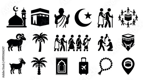 Collection of black Hajj pilgrimage icons representing Islamic religious traditions, rituals, and symbols like the Kaaba, mosque, prayer, and sacrifice for Eid al-Adha
