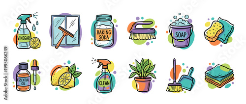 Colorful set of cleaning supply icons featuring natural products like vinegar, baking soda, and lemon in a hand-drawn doodle style illustration for housekeeping concepts