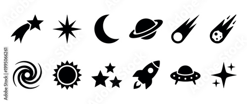 Set of black space icons featuring a rocket, planet, star, moon, sun, ufo, galaxy, comet, and meteor in a simple minimalist glyph style for astronomy and science concepts