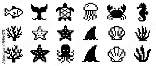 Set of black pixel art sea life icons in a retro 8-bit video game style, featuring a fish, turtle, crab, octopus, shark fin, and various other marine animals and plants