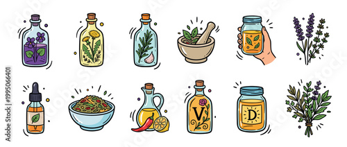 Collection of hand-drawn herbal illustrations featuring infused oils, tinctures, vitamins, and natural remedies in a colorful doodle style for wellness concepts