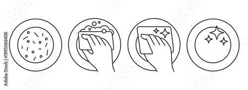 Hand washing dirty plate with sponge, line icon. Cleaning process of dishware from food residue to sparkling clean surface. Step by step for kitchen hygiene, household chore. Vector illustration