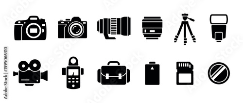 Collection of black photography and videography gear icons showing a camera, lens, tripod, flash, bag, and battery in a simple, minimalist pictogram glyph style