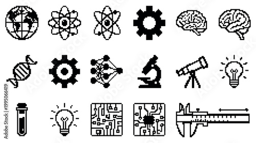 Pixel art science and technology icons set featuring a globe, atom, brain, DNA, microscope, and microchip in a minimalist black and white 8-bit retro video game style