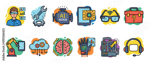 Collection of doodle-style technology icons showing artificial intelligence, repair, automation, cloud computing, and futuristic concepts like AR glasses and robotic arms