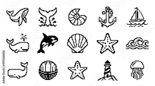 Set of pixel art nautical icons featuring a whale, anchor, shell, sailboat, lighthouse, and jellyfish in a retro 8-bit video game style for digital design elements