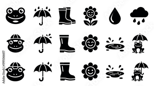 Collection of black weather glyph icons depicting a frog, umbrella, rain boots, smiling flower, puddle, and cloud for spring season concepts