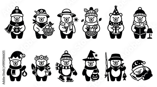 Set of twelve cute black and white bear character illustrations representing the four seasons with activities like ice skating, gardening, fishing, and celebrating various holidays
