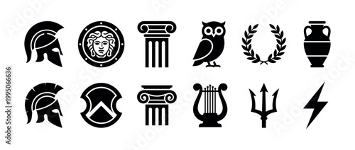 Collection of ancient Greek and Roman symbols presented as black silhouette icons, including a spartan helmet, Medusa shield, Ionic column, owl, laurel wreath, amphora, lyre, and trident