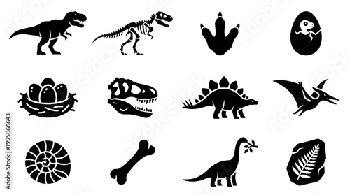 Set of black dinosaur silhouette icons featuring a T-Rex, skeleton, fossil, footprint, and hatching egg, presented in a clean, graphic vector style for paleontological themes