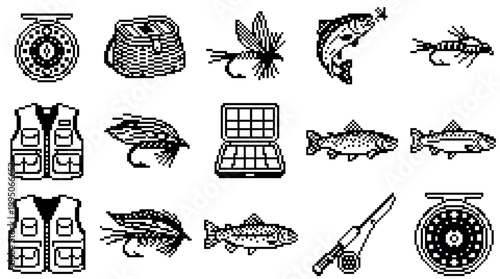 Collection of black and white pixel art icons for fly fishing, including a rod, reel, vest, creel, tackle box, lures, and trout in a retro 8-bit video game aesthetic