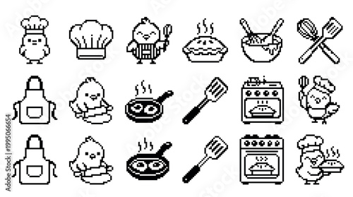 Collection of black pixel art icons featuring a cute chick chef, cooking equipment, and baking elements in a retro 8-bit video game style illustration set for graphic design