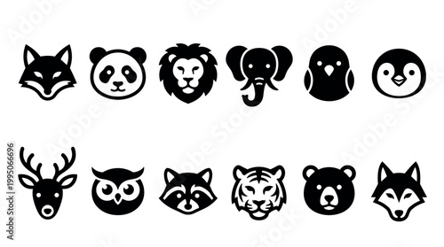 Black and white animal head icon set with various wildlife faces like a lion, tiger, bear, and fox, designed in a simple, flat, and modern graphic illustration style
