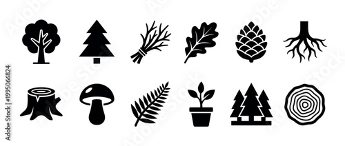 Set of black forest and nature icons featuring a tree, pine, oak leaf, cone, roots, stump, mushroom, and fern in a simple minimalist glyph style for graphic design