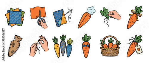 Hand drawn set of illustrations showing the process of making handmade fabric carrots for spring decoration, including cutting, sewing, stuffing, and adding cute details