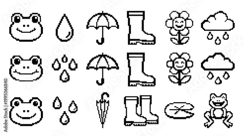 Collection of black and white pixel art icons featuring a frog, umbrella, rain boot, and flower for a cute rainy day theme in a retro 8-bit video game style illustration