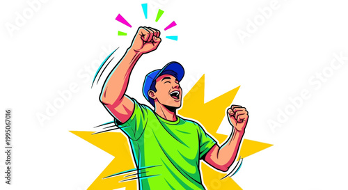 Excited man celebrating with fists raised high.