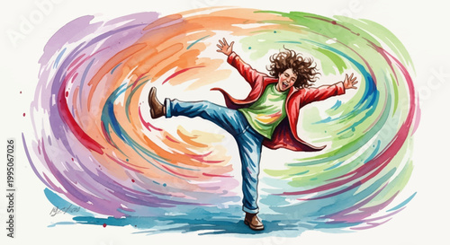 A person dancing with colorful swirling background.