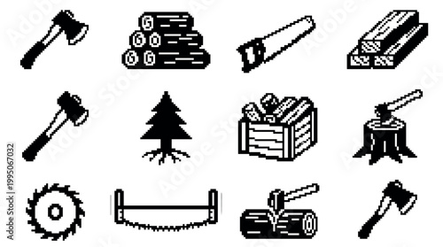 Set of black pixel art icons depicting lumberjack and forestry equipment, including an axe, saw, logs, and tree, presented in a retro 8-bit video game graphic style
