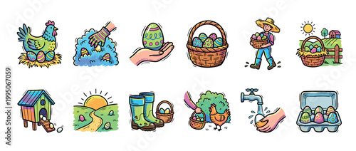 Collection of colorful Easter and farming illustrations featuring a hen, decorated eggs, a basket, a farmer, and a chicken coop in a cute cartoon doodle style