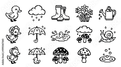 Set of black and white pixel art icons featuring cute spring and rainy weather elements like a duckling, umbrella, mushroom, snail, and flowers in a charming retro 8-bit style