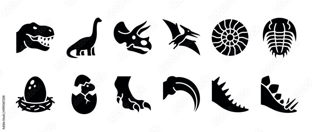 Obraz premium Set of twelve black dinosaur silhouettes featuring a T-Rex head, Triceratops skull, Pterodactyl, fossils, hatching egg, and claw in a minimalist graphic icon style