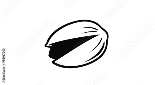 A black and white illustration of a partially open pistachio shell silhouette