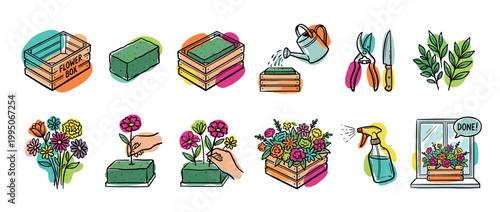 Set of hand-drawn doodle illustrations showing a step-by-step guide for creating a flower box arrangement, from an empty crate to the final colorful floral display