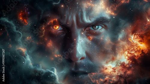 A dramatic portrait of a person (or human-like figure) staring directly at the viewer with intense, tense, piercing eyes, furrowed brow, expression full of determination or unease. 