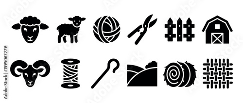 Collection of black farming and wool industry icons featuring a sheep, lamb, ram, ball of yarn, shears, barn, fence, and hay bale in a simple graphic style