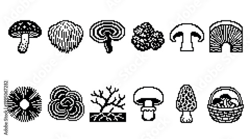 Set of twelve monochrome pixelated mushroom icons featuring different types of fungi, including a basket, mycelium, and sliced champignon in a minimalist retro design