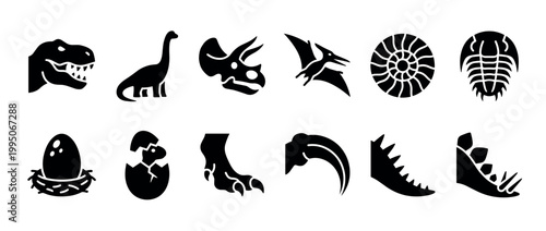 Set of twelve black dinosaur silhouettes featuring a T-Rex head, Triceratops skull, Pterodactyl, fossils, hatching egg, and claw in a minimalist graphic icon style