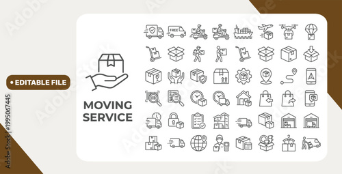 Moving Service web icons in line style. Courier, office move, packing, loaders, collection. Editable stroke.  Vector illustration.
